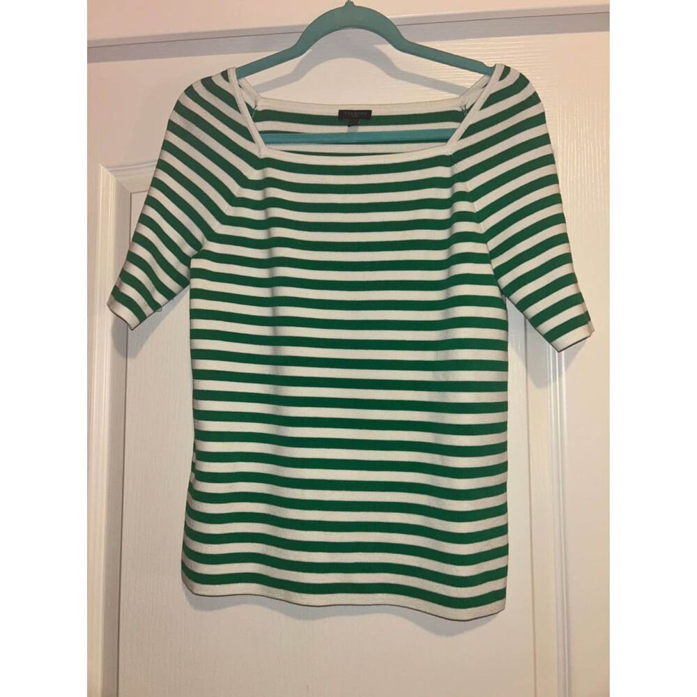 Talbots green white striped short elbow sleeve square neck sweater top size LP